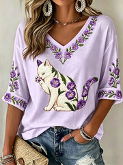 Women's Cat Floral Print Casual T-shirt