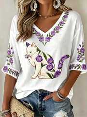 Women's Cat Floral Print Casual T-shirt