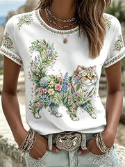 Women's Floral Cats Print Casual Tee