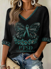 Women's PTSD Awareness Veteran Printed Waffle T-shirt