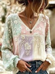 Women's Vintage Floral Art Print Casual Cotton-Linen Top