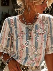 Women's Retro Floral Art Print Casual Cotton Linen Top