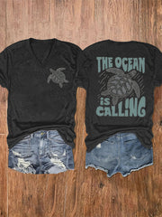 Women's The Ocean Is Calling Printed V-neck T-shirt