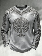 Men's Retro Viking-Themed Print Casual Waffle-Knit V-Neck Long-Sleeve Top