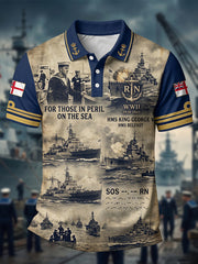 Men's Retro Royal Navy Veteran Print Casual Polo