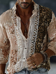 Men's Boho Leopard Floral Art Print Linen Shirt
