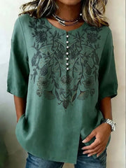 Women's Retro Floral Art Printed Linen Tops
