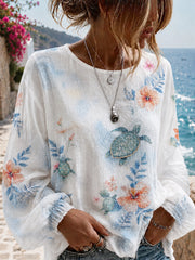 Women's Sea Turtle Floral Print Cotton-Linen Shirt