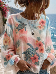 Women's Sea Turtle Floral Print Cotton-Linen Shirt