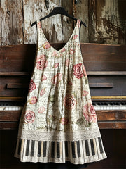 Women's Vintage Roses Sheet Music & Piano Keys Print V-neck dress