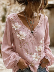 Women's Vintage Floral Art Print Casual Cotton-Linen Top