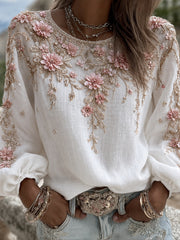 Women's Vintage Floral Art Print Casual Cotton-Linen Top