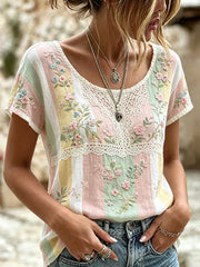 Women's Vintage Floral Art Print Casual Cotton-Linen Top