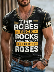 Men's Black Retro The Stone Rose Print Casual V-neck T-shirt