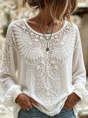 Women's Classy Wings Lace Floral Art Print Cotton-Linen Shirt