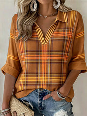 Women’s The Stone Rose Vintage Check Print Casual V-neck T-shirt