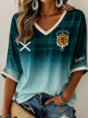 Women's Scotland Football Pattern Linen V-Neck Shirt