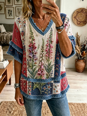 Women's Foxglove floral print Cotton-Linen Shirt