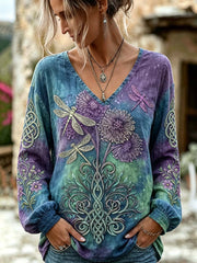 Women's retro Scottish Thistle flower and dragonfly pattern printed cotton and linen shirt