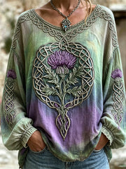 Women's Vintage Thistle Celtic Knot Print Gradient Cotton-Linen Shirt