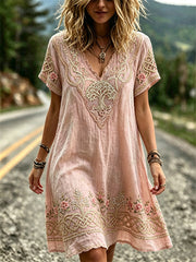 Women's Vintage Pink Floral Tree of Life Viking Celtic Knot Print Flowy Mini Dress