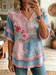 Women's Vintage Pink Roses Floral Patchwork Print Fringe Trim Cotton-Linen Shirt