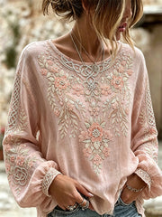 Women's Classy Pink Floral Viking Celtic Knot Print Cotton-Linen Shirt