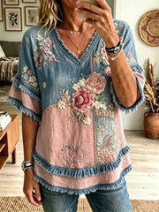 Women's Vintage Pink Roses Floral Patchwork Print Fringe Trim Cotton-Linen Shirt