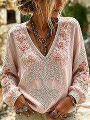 Women's Classy Tree of Life Pink Floral Print Cotton-Linen Shirt