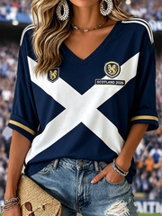 Women's Scotland Printed Mid-length Sleeves V-Neck T-Shirt