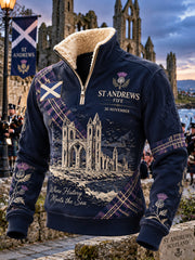 Women's Vintage Scottish St Andrew's Day Printed Fur Collar Top