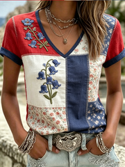 Women's Bluebell Print linen short-sleeved T-shirt