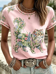 Women's Floral Cats Print Casual Tee