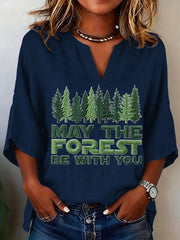 Women's May The Forest Be With You Printed V-Neck Shirt