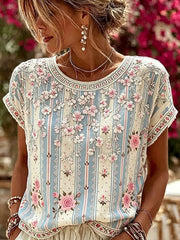 Women's Retro Floral Art Print Casual Cotton Linen Top