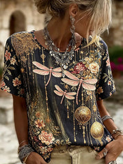 Women's Retro Floral Art Print Casual Cotton Linen Top