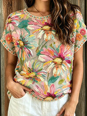 Women's Retro Floral Art Print Casual Cotton Linen Top