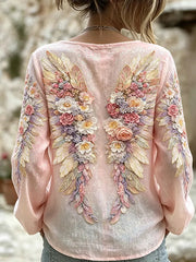 Women's Vintage Floral Art Print Casual Cotton-Linen Top