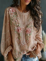 Women's Vintage Floral Art Print Casual Cotton-Linen Top
