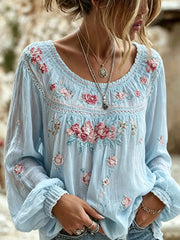 Women's Vintage Floral Art Print Casual Cotton-Linen Top