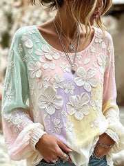 Women's Vintage Floral Art Print Casual Cotton-Linen Top