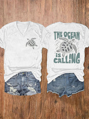 Women's The Ocean Is Calling Printed V-neck T-shirt