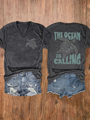 Women's The Ocean Is Calling Printed V-neck T-shirt