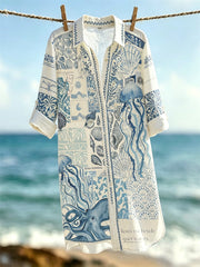 Women's Vintage Sea & Sea Animals Collage Art Print Vacation-Style Shirt Dress