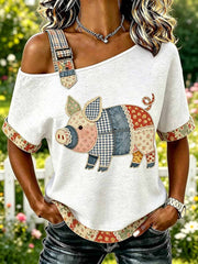 Women's Fashion Casual Pig Pattern Print T-Shirt
