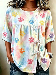 Women's Cute Cat Paws Art Cotton-Linen Button-Front Top