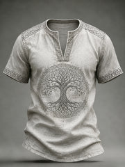 Men's Retro V-Neck Short-Sleeve Top With Viking-Inspired Print