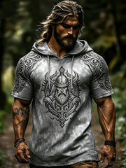 Men's Retro Viking-Themed Printed Casual Short-Sleeve Hoodie