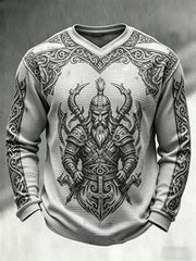Men's Retro Viking-Themed Print Casual Waffle-Knit V-Neck Long-Sleeve Top
