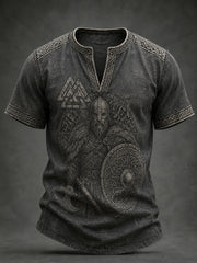 Men's Retro V-Neck Short-Sleeve Top With Viking-Inspired Print